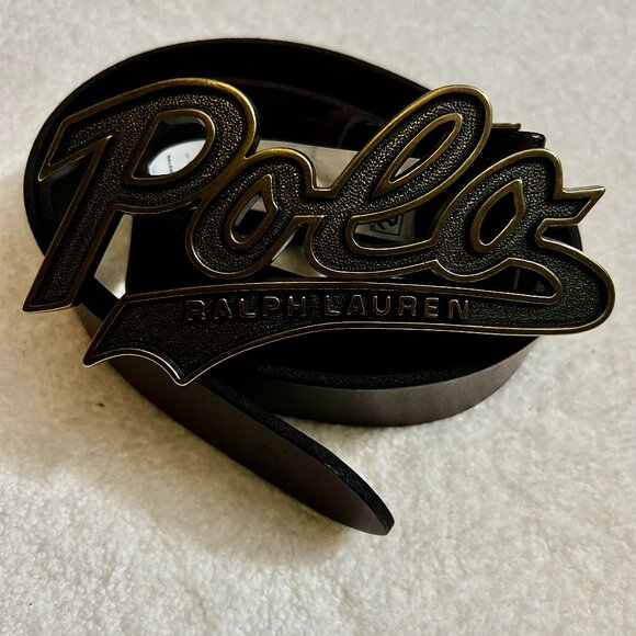 NWT Polo Ralph Lauren Men's Brown Leather Logo Script Buckle Dress Belt Size 32